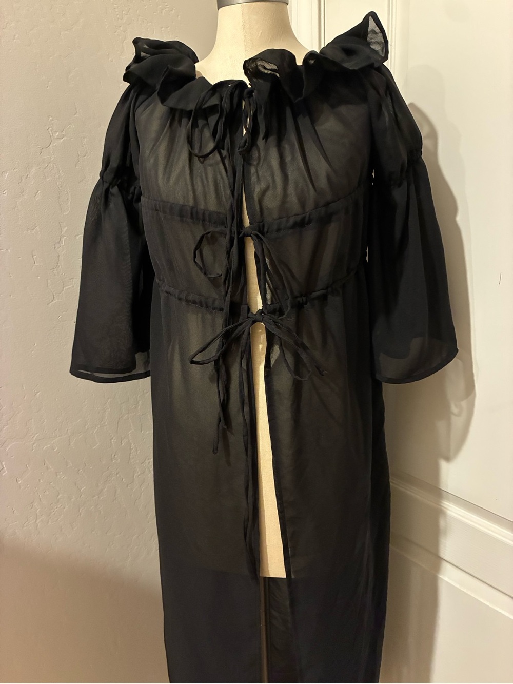 Boohoo Sheer Black Ruffle Tie-Front Duster Size L #Goth